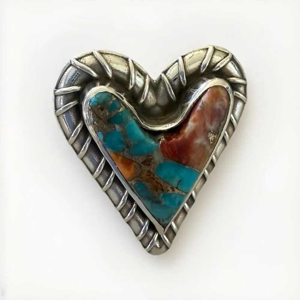 Kingman Turquoise Spiney Oyster Heart Ring Handmade Sterling Silver Ring Size 10